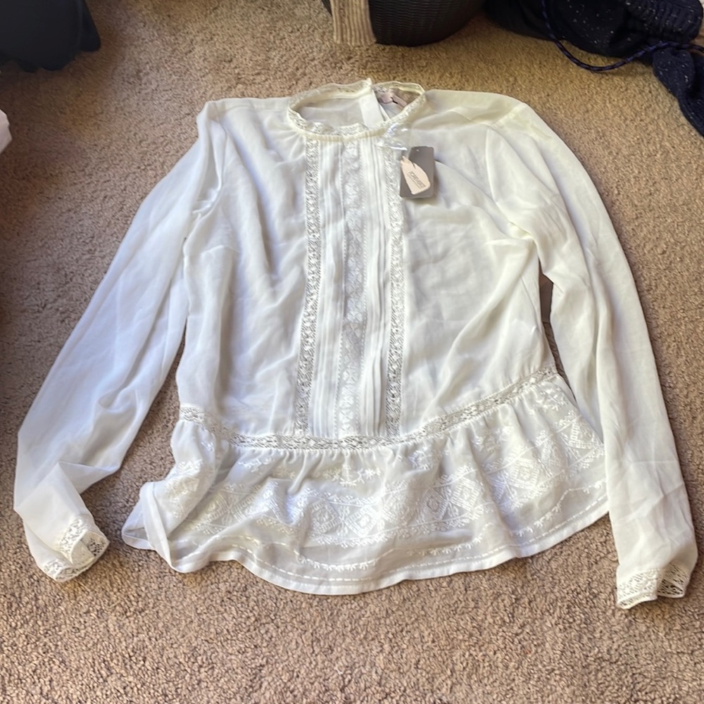 Forever 21 Victorian Style White Chiffon Lace Blouse